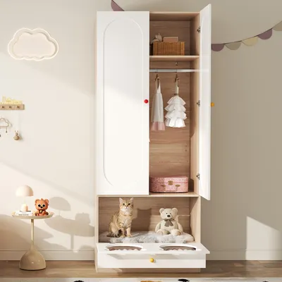 Produktbild von Flieks Eckkleiderschrank Kleiderschrank mit Stange und Ablage, Garderobe Aufbewahrungsschrank mit Katzenbett, 80x50x200cm, Weiß