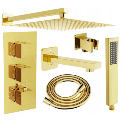 Obrázek produktu pro Mexen Cube DR02 Podomítkový vanový a sprchový set s dešťovou sprchou 25 cm, Zlatá - 77503DR0225-50