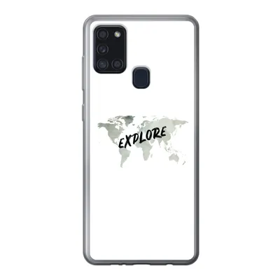 Produktbild von MuchoWow® Handyhülle Schutzhülle Hülle für Samsung Galaxy A21s Weltkarte - Grau - Zitat Silikon Softcase Handy Hülle - Hartschale