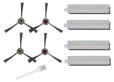 A set of replacement parts for a robot vacuum cleaner, including side brushes, filters, and a cleaning brush, laid out on a white background.
