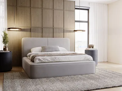 A modern bedroom with a large bed, nightstands, and decorative wall paneling.