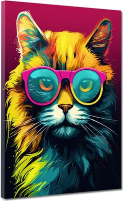 Produktbild von Katze frontal Sonnenbrille Pop Art Leinwandbild Wandbild Kunstdruck XL Wanddeko: 75x100x4cm