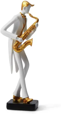 Produktbild von Ibenzoa® Moderne Saxophon-Skulptur – Polyresin-Dekofigur, weiß mit schwarzem Saxophon, 26 cm (25,5 × 9 cm) – Deko für Wohnzimmer & Büro
