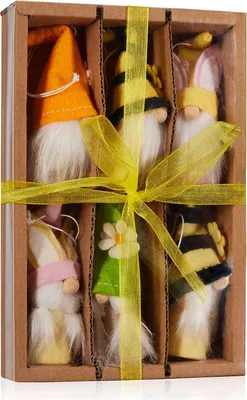 Produktbild von BRUBAKER 6er Set Osteranhänger Gnom aus Holz und Strick - Lustige Dekoanhänger Zwerge mit Bart - Bunte Osterhasen und Blumen Frühlingsdekoration Osterdeko - ca. 10 cm Osterschmuck in Geschenkbox