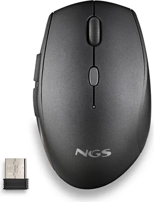 A black wireless computer mouse and its USB receiver are shown on a white background.