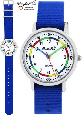 Produktbild von Pacific Time Armbanduhr Lernuhr, wasserdicht, bunte Zeiger, Kinder Jungen, Geschenk zur Einschulung, Nylon, Edelstahl, Bunt, 3,2cm Ø, 22,5cm Armbandlänge, 12,5-19,5cm Handgelenkumfang, 16mm Wechselarmbänder werkzeuglos, Quarzwerk