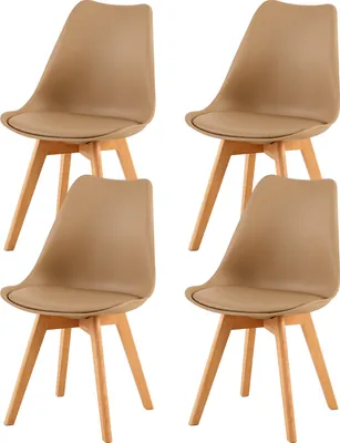 A set of four beige dining chairs with wooden legs, arranged on a white background.