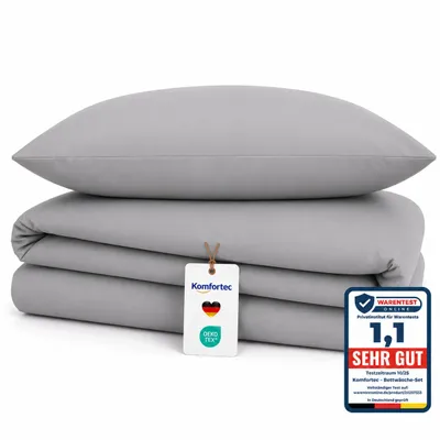 Produktbild von Komfortec Premium Bettwäsche 135x200 cm Bettbezug + 80x80 cm Kissenbezug, gebürstet 100% Polyester-Mikrofaser 120 g/m², 2teiliges Superweiches Bettwäsche-Set, Grau, KI-generiertes Bild