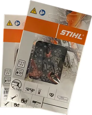 Two Stihl chainsaw chains in their packaging, displayed diagonally.