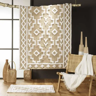 Image de Tapis d'intérieur rectangle en coton à motif ethnique "Medine" - Beige - 60 x 90 cm