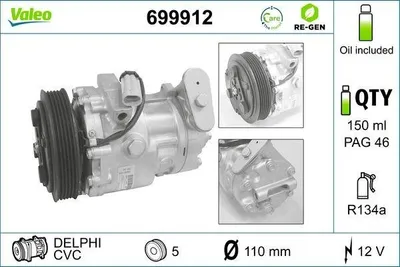 Produktbild von VALEO 699912 SD6V12 Klimaanlage Klimakompressor PAG 46 R134a für OPEL Corsa C Schrägheck (X01) Tigra TwinTop (X04) COMBO Kasten/Kombi COMBO Tour