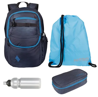 Produktbild von Schulrucksack Jungen Schultasche 4 Teile Set Nitro Future Hero Rucksack inkl. Mäppchen Box, Sportbeutel, Trinkflasche anthrazit grau blau Haze +rtmf