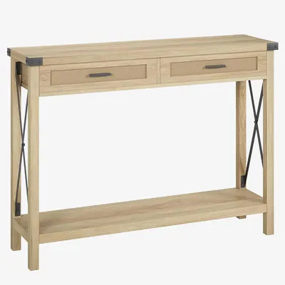 Produktbild von Konsolentisch Rattan mit 2 Schubladen & offener Ablage, Flurtisch schmal, 109x30.5x76 cm
