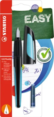 Produktbild von Schulfüller mit Linkshänder-Feder L - STABILO EASYbuddy in schwarz/himmelblau - Schreibfarbe blau (löschbar) - Einzelstift - inklusive Patrone