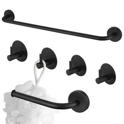 Produktbild von Auralum Badaccessoires Set 3 Teilig Schwarz - 60cm Handtuchhalter, Toilettenpapierhalter & 4 Haken - Edelstahl, Ohne Bohren & Bohren Montage