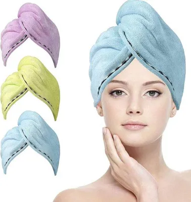 Produktbild von Famanu Mikrofaser-Haarturban 3er-Pack mit 6 Haarbändern, super saugfähig und schnelltrocknend – Blau/Gelb/Violett