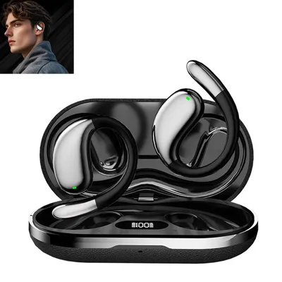 A man wearing earbuds, with a close-up of the earbuds and charging case.