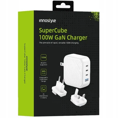Obrázok produktu pre Innostyle Super Cube Výkonná Rýchla Nabíjačka Gan Travel Eu Us Uk Au 4X Usb Usb-C 100W Biela