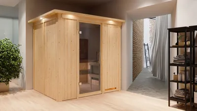 Produktbild von Karibu Sauna Innensauna Sodin Fronteinstieg Ofen 9 kW integr. Strg 210x184x202 cm mit Dachkranz mit Graphittür