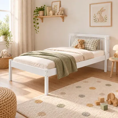 Image de Lit pour enfant "Kids Collective", en bois massif, avec barrière de sécurité, blanc, à lattes, dimensions 90x190 cm