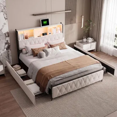 Produktbild von INONEFT Polsterbett 180x200 cm mit LED & USB, Doppelbett mit 4 Schubladen, Bettgestell mit Lattenrost und Stauraum,Samt, Beige,ohne Matratze