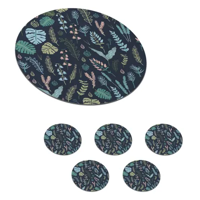 Obrázok produktu pre MuchoWow® Okrúhly sklenený podšálok, sada 6 ks Vzor - Džungľa - Monstera - Kvety 10x10x0.3cm Podložky pod poháre - podložky pod nápoje - ochrana