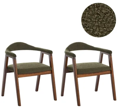 Produktbild von BELIANI Esszimmerstuhl 2er Set Braun u. Grün Bouclé Stoffbezug mit Holzgestell Armlehnen Modernes Design Boho Küchenstühle