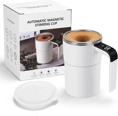 Produktbild von Selbstrührender Kaffeebecher 380 ml Elektrisch mit LED Temperaturanzeige Weiß