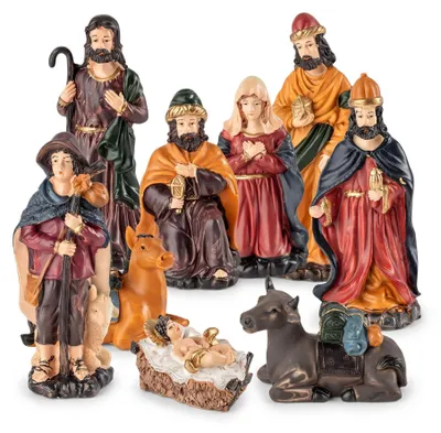 Obrázok produktu pre Vianočná súprava figúrok do betlehemu, 9 kusov, vyrobená z polyresínu, výška 16 cm. Detailne ručne maľované figúrky do vianočného betlehemu