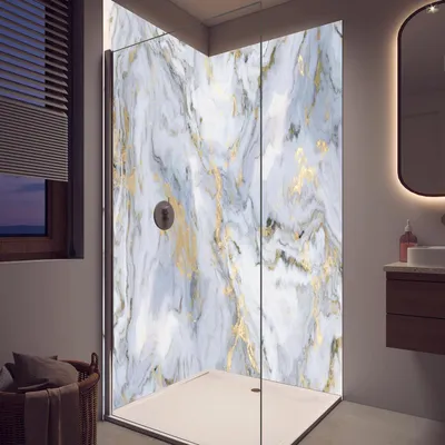 Produktbild von Duschrückwand - Wandverkleidung für Dusche aus Acryl 0,3 cm - 80 x 250 cm -  Weißer Marmor mit Goldelementen