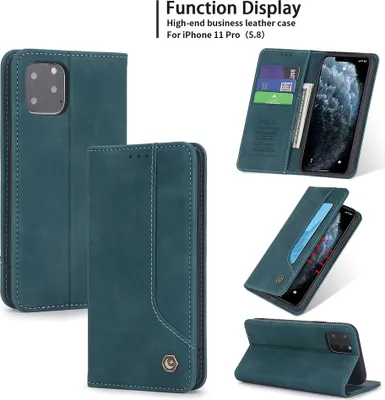 Produktbild von iPhone 11 Pro Hülle, LaimTop Retro Kunstledertasche Schutzhülle mit Kartenfach Standfunktion für iPhone 11 Pro Blau