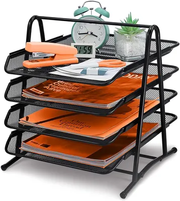 Produktbild von Metall -Dokumentschale 4 Fächer -Schreiben Organizer, Mesh -Design -Schreibtischschale, Schwarzes Zuhause, Büro, Büro,
