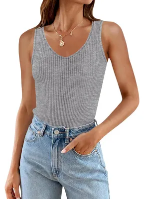 Immagine prodotto di Canotta da donna con spalline sottili, lavorazione a coste, stile sportivo ed elegante, comoda, colore grigio, taglia S