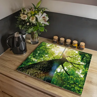 Produktbild von banjado Herdabdeckplatte zweiteilig je 30x52cm groß mit Gummi Abstandshalter, ESG Sicherheitsglas mit Motiv Baumkrone [HAP2 10443]