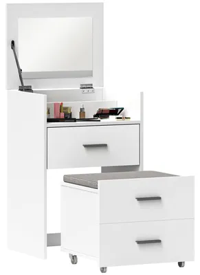 Immagine prodotto di HOMCOM Tavolo da Trucco in Legno con Specchio Ribaltabile, 2 Cassetti e Sgabello, 50x40x113.5 cm, Bianco