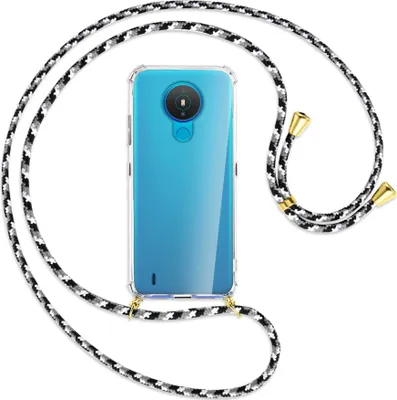 Produktbild von Handykette Backcover-Schutzhülle mit Band (Metall goldfarben) für Nokia 1.4 - schwarz/grau/weiß