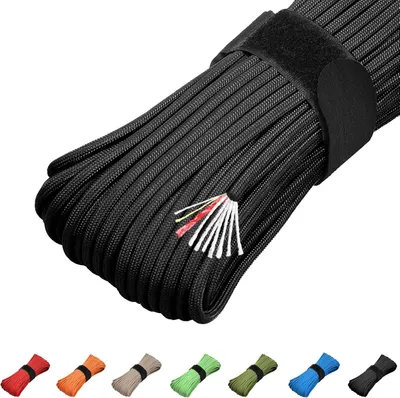Produktbild von Paracord 550 Fallschirmleine, 30 m, mit Feuerstarter, schwarz, für Outdoor und Camping