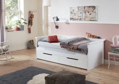 Produktbild von Relita Lina Funktionsbett ausziehbar, 90x200cm auf 180x200cm, MDF, Weiß, mit 2 Schubladen, inkl. Lattenroste, B 208 x H 71.5 x T 101/185/222 cm