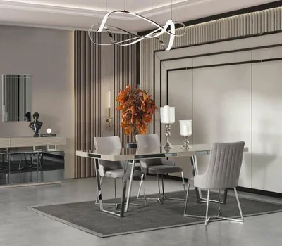 Image de Ensemble de salle à manger gris élégant Table à manger moderne 6 chaises rembourrées