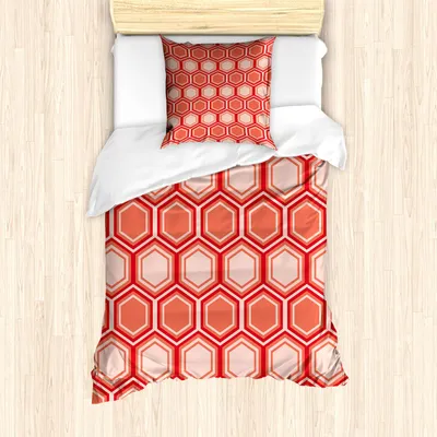 Obrázek produktu pro ABAKUHAUS Retro povlečení, šestiúhelníkový vzor, geometrický dlaždicový grafický vzor, vintage design, 135 x 200 cm + 80 x 80 cm, tmavě korálová, broskvová, korálově červená