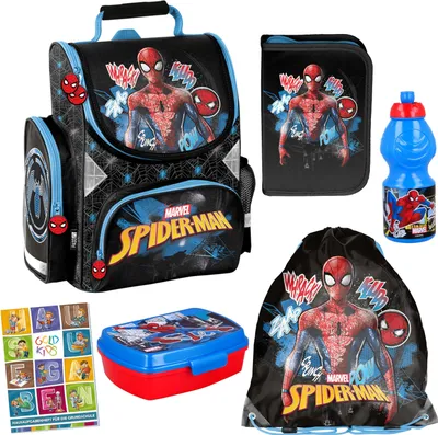 Produktbild von Spiderman Schulranzen ergonomischer Ranzen Federmappe Turnbeutel Brotdose Trinkflasche Aufgabenheft für die Grundschule 6er Set Lizenzartikel Marvel Spiderman Spider-man