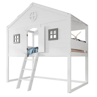 Produktbild von Hausbett, mit Treppe, mit Fallschutz und Gitter, Zwei graue Fenster, Kinderbett mit Fenster, Frei gestaltetes Unterbett, Rahmen aus Kiefer,