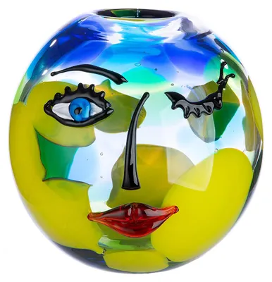 Immagine prodotto di Casablanca Glasart, Gesichtsvase, Kugel, "Novento", Gesichtsmotiv, Glas, blau, gelb, , H. 24 cm, D. 25 cm 39284/Abverkauf nur solange Vorrat reicht