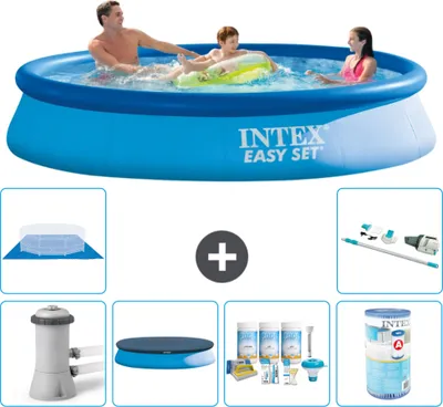 Produktbild von Intex runder aufblasbarer Easy Set-Schwimmpool – 366 x 76 cm – Blau – inklusive Pumpe Abdeckung - Wartungspaket - Filter - Bodenplane - Staubsauger