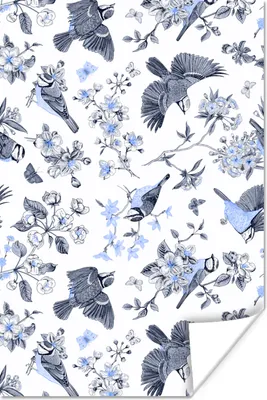 Produktbild von MuchoWow® Poster Blumen - Vogel - Blau 80x120 cm - Papierdruck