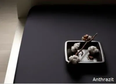 A dark gray surface with a small metal tray containing cotton branches and a text label.