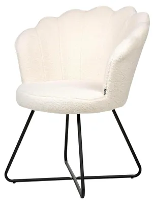 Produktbild von Sessel im Muschel-Design aus Bouclé in Weiß mit schwarzem Metallgestell