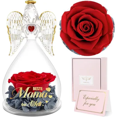 Productafbeelding van Engelfiguur met de tekst "Beste mama ter wereld", eeuwigdurende roos, glazen koepel, 7x7x13 cm. Cadeau voor mama