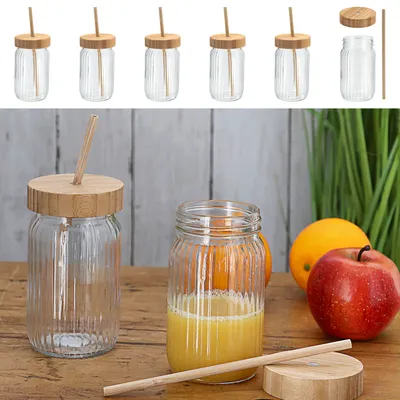 Produktbild von Trinkglas 6er Set Deckel Trinkhalm Bambus Ø8cmx13,5cm 400ml Glas Getränkeglas Outdoorglas Trinkbecher