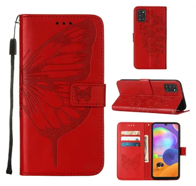 Produktbild von Galaxy A21S Hülle, Schmetterling Prägung Flip Leder Kartenfächer Schutzhülle Ledertasche mit Ständer für Samsung Galaxy A21S Rot
